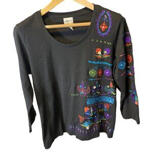 Chico's Black Colorful Southwest Embroidery Long Sleeve Round Neck Top Sz L